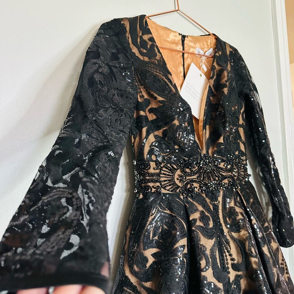 MAC DUGGAL Black Nude Sequin Lace Burnout Embellished A-Line Dress Size 4 NWT - Picture 10 of 16